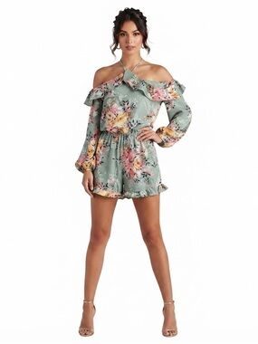 Sage Green Floral Romper Keyhole Tie Flowy